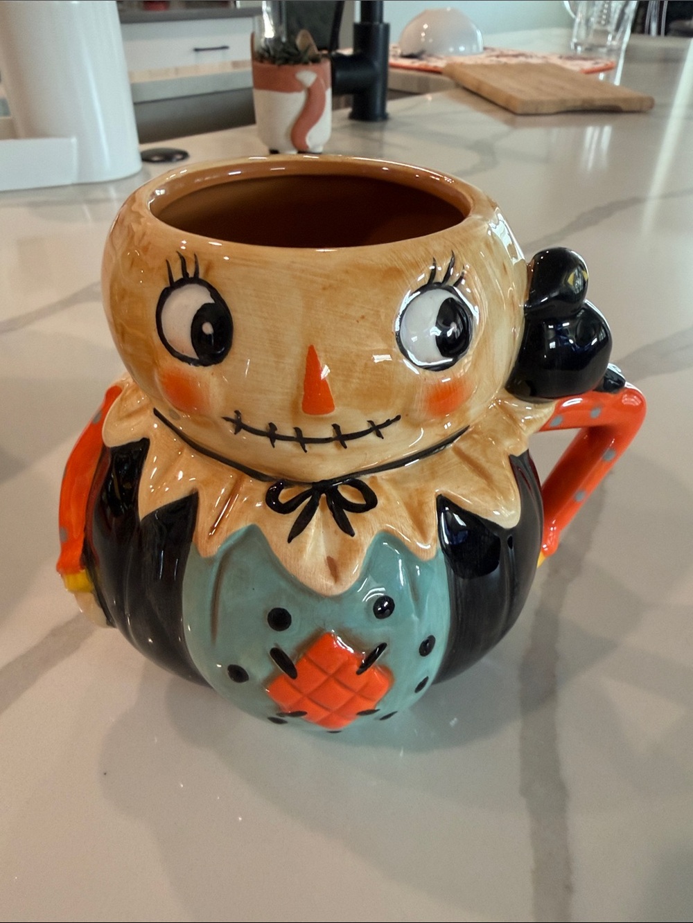 Whimsical Orange & Teal Ceramic Scarecrow Mug